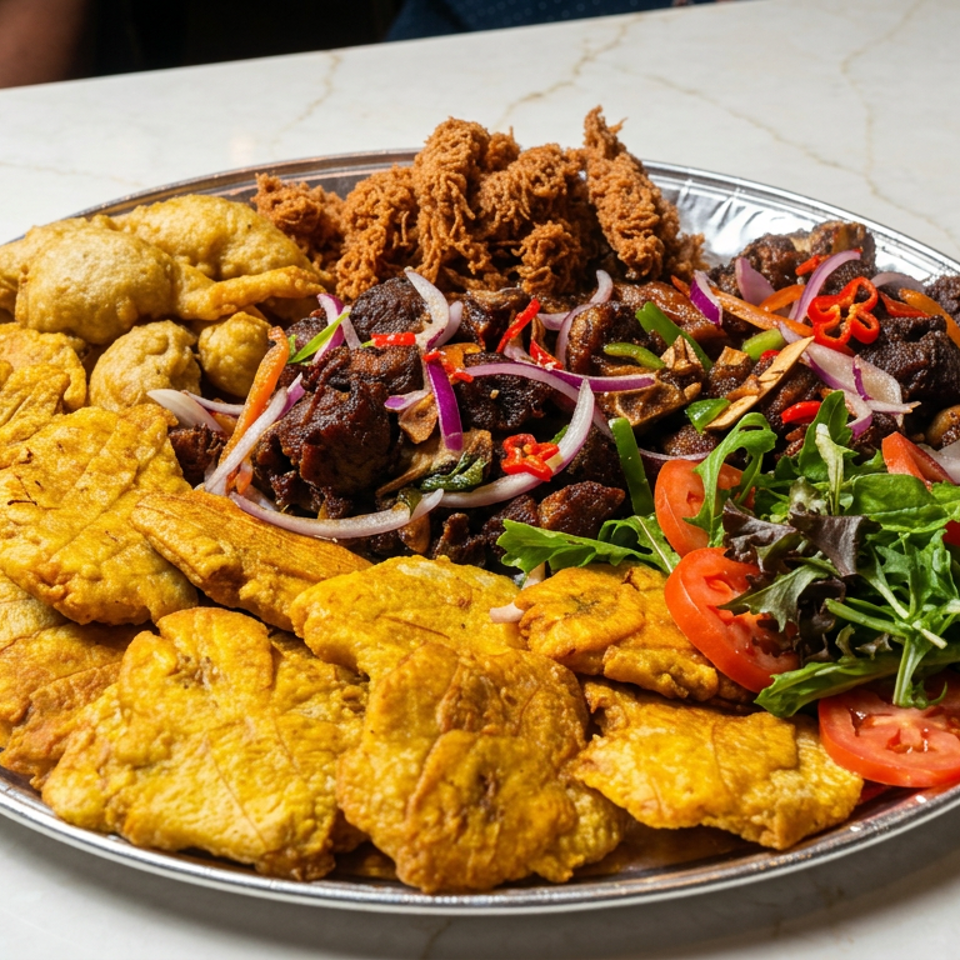 Large platter of golden fried plantains, fritters, spiced meat, onions, peppers, and leafy salad on a dining table.