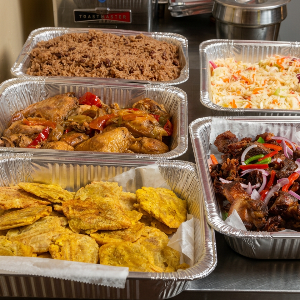 Aluminum trays display assorted Caribbean dishes, including seasoned meat, stewed chicken, rice salad, fried plantains, and sautéed meat with peppers.